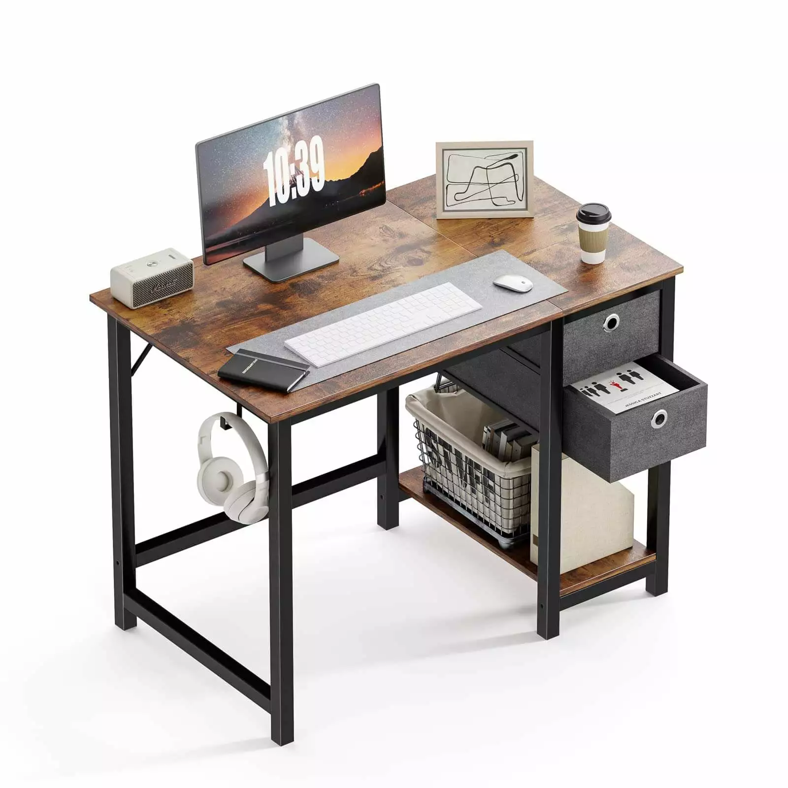 Modern Simple Style Home Office Writing Desk 2-Tier Drawers Storage - 40 Inch Vintage Rustic Desk SMHZ