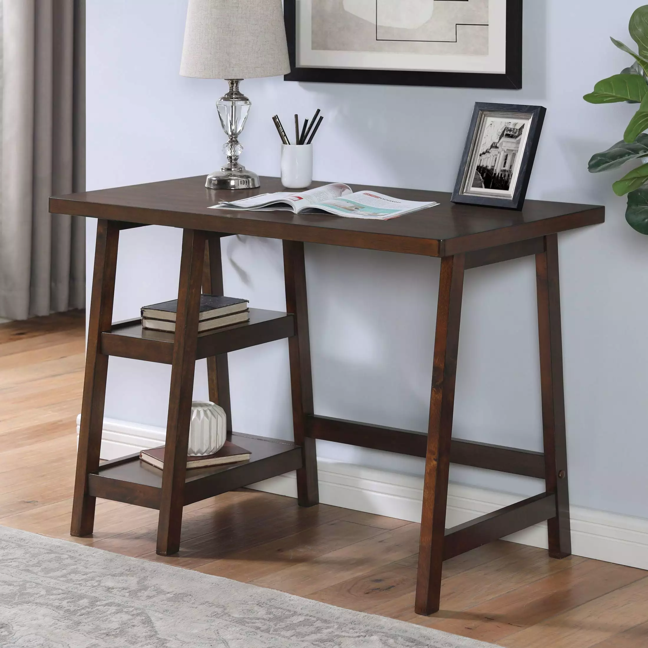 Redina Contemporary Wood Writing Desk Storage Espresso Home Office SMHZ