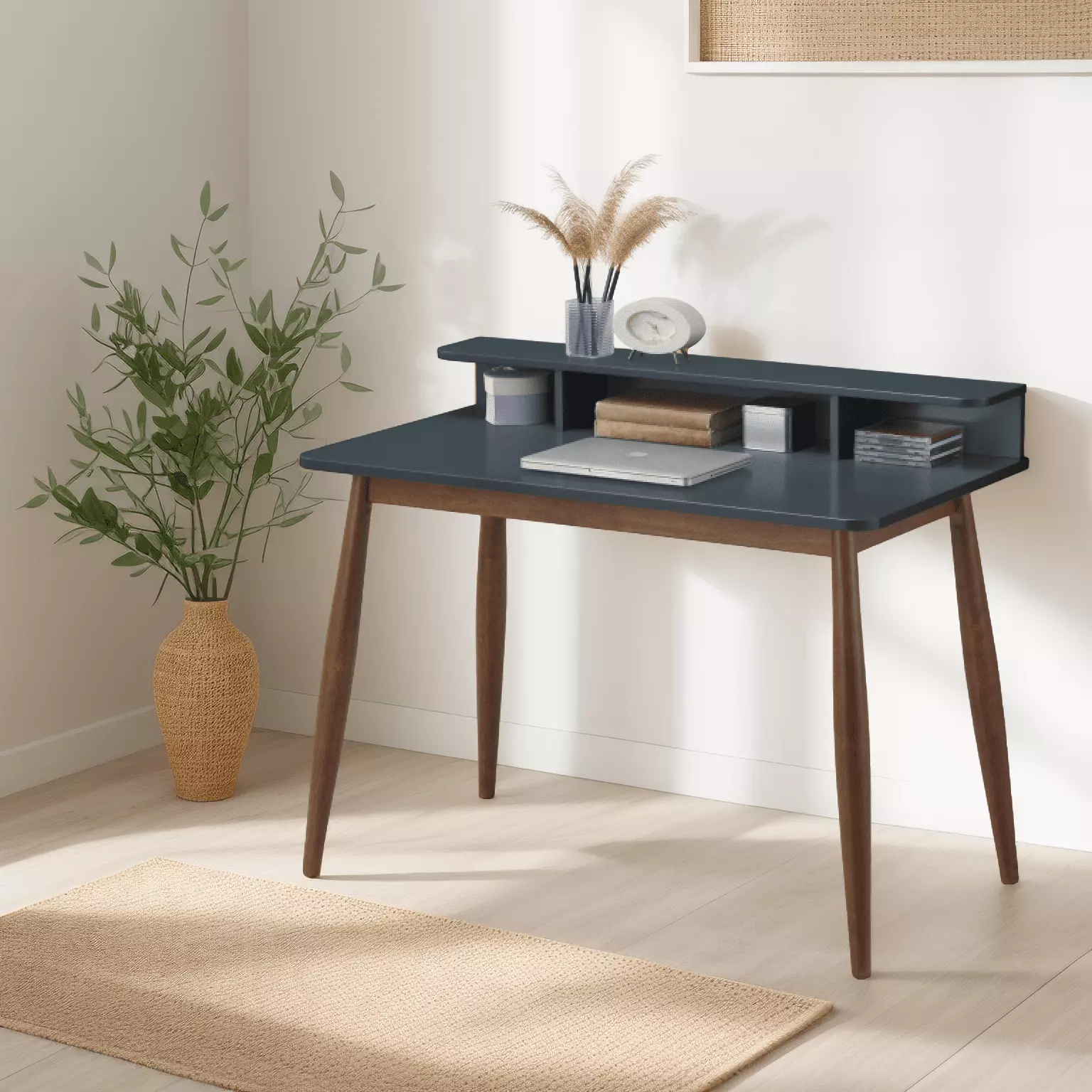 Roskilde Mid-Century Modern Wood Writing Desk Hutch Grey Home Office Desk Vintage Style SMHZ