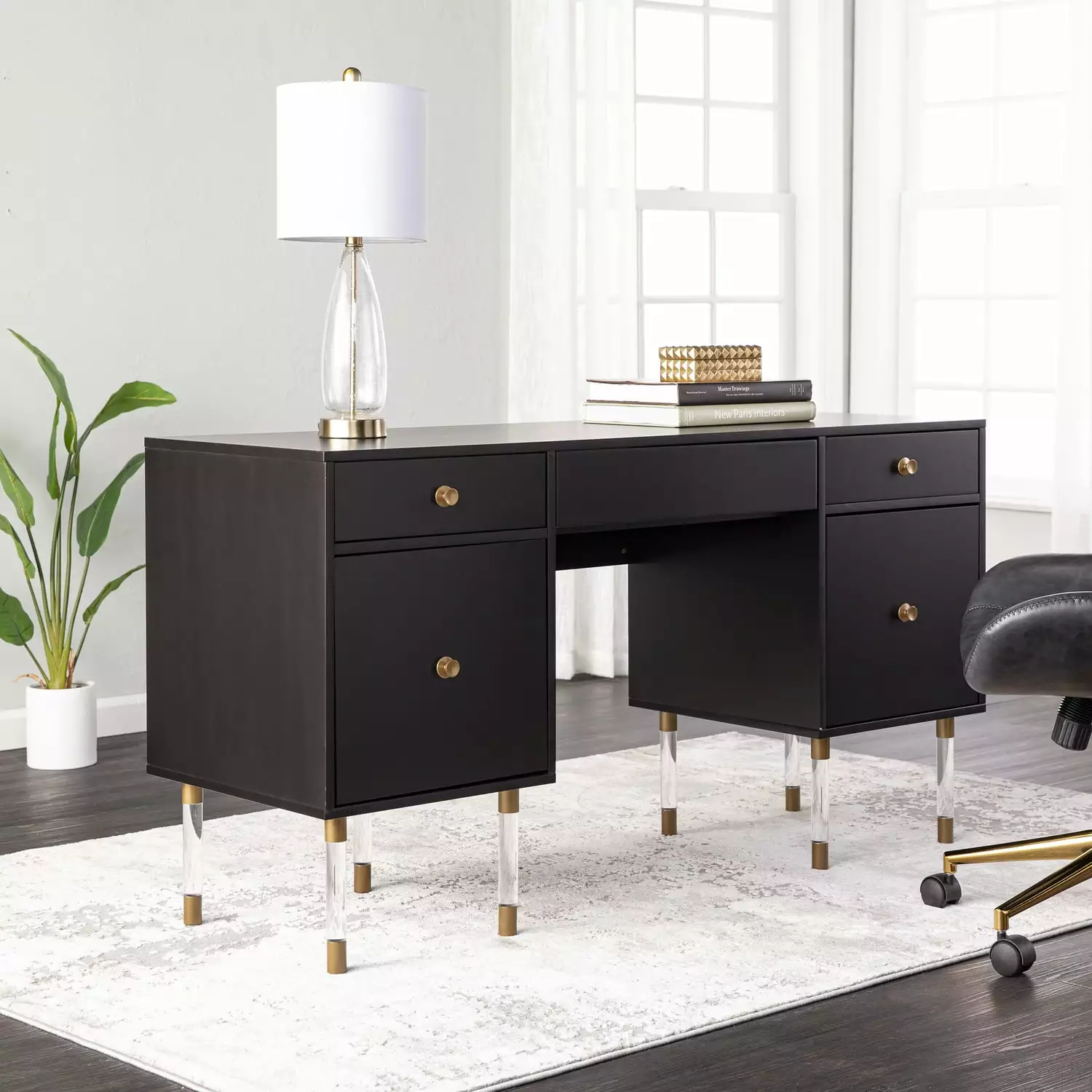 SEI Furniture Helston Black Gold Finish Engineered Wood Writing Desk Southern Enterprises