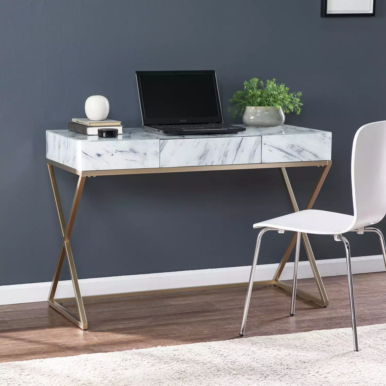 SEI Furniture Kamblemore Writing Desk Gold/Gray/White Faux Marble Southern Enterprises