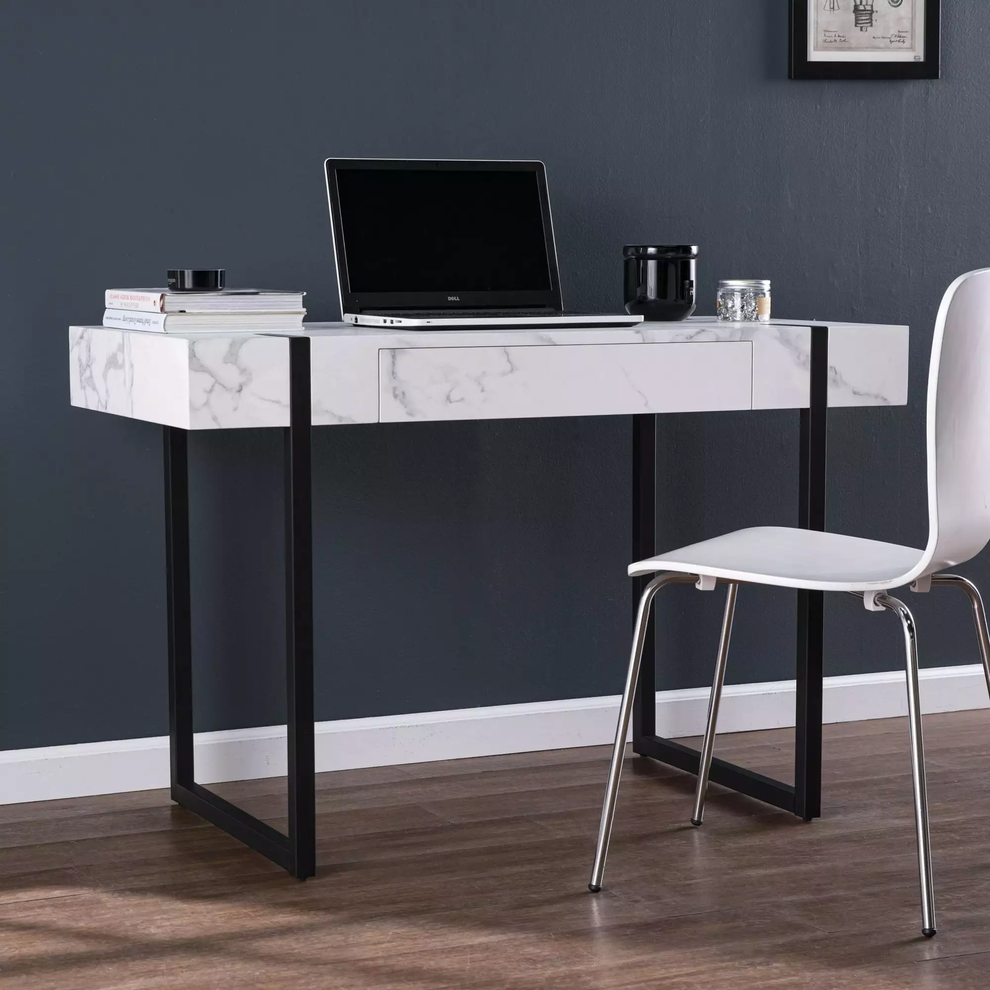 SEI Furniture Rangley Modern Desk Black White Faux Marble Contemporary Home Office Workstation Southern Enterprises