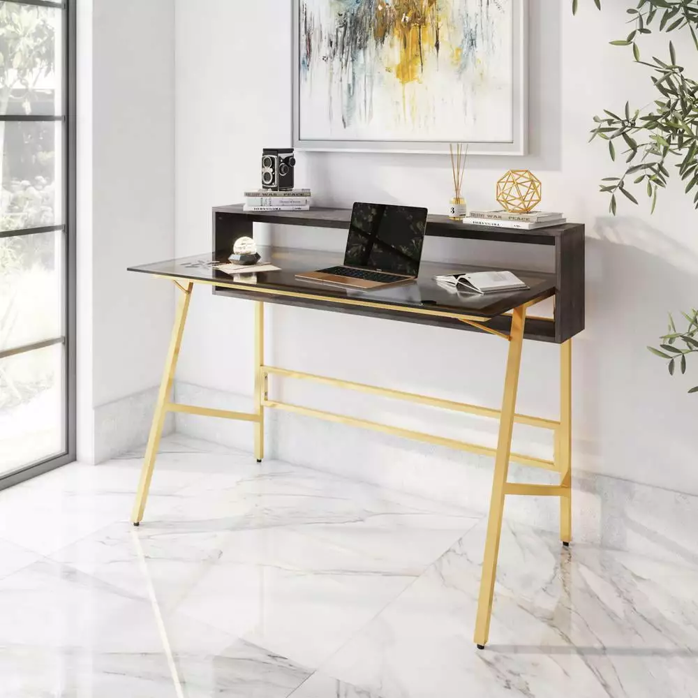 Techni Mobili Modern 47 Glass Top Writing Desk Riser and Scratch Resistant Steel Legs Gold Black