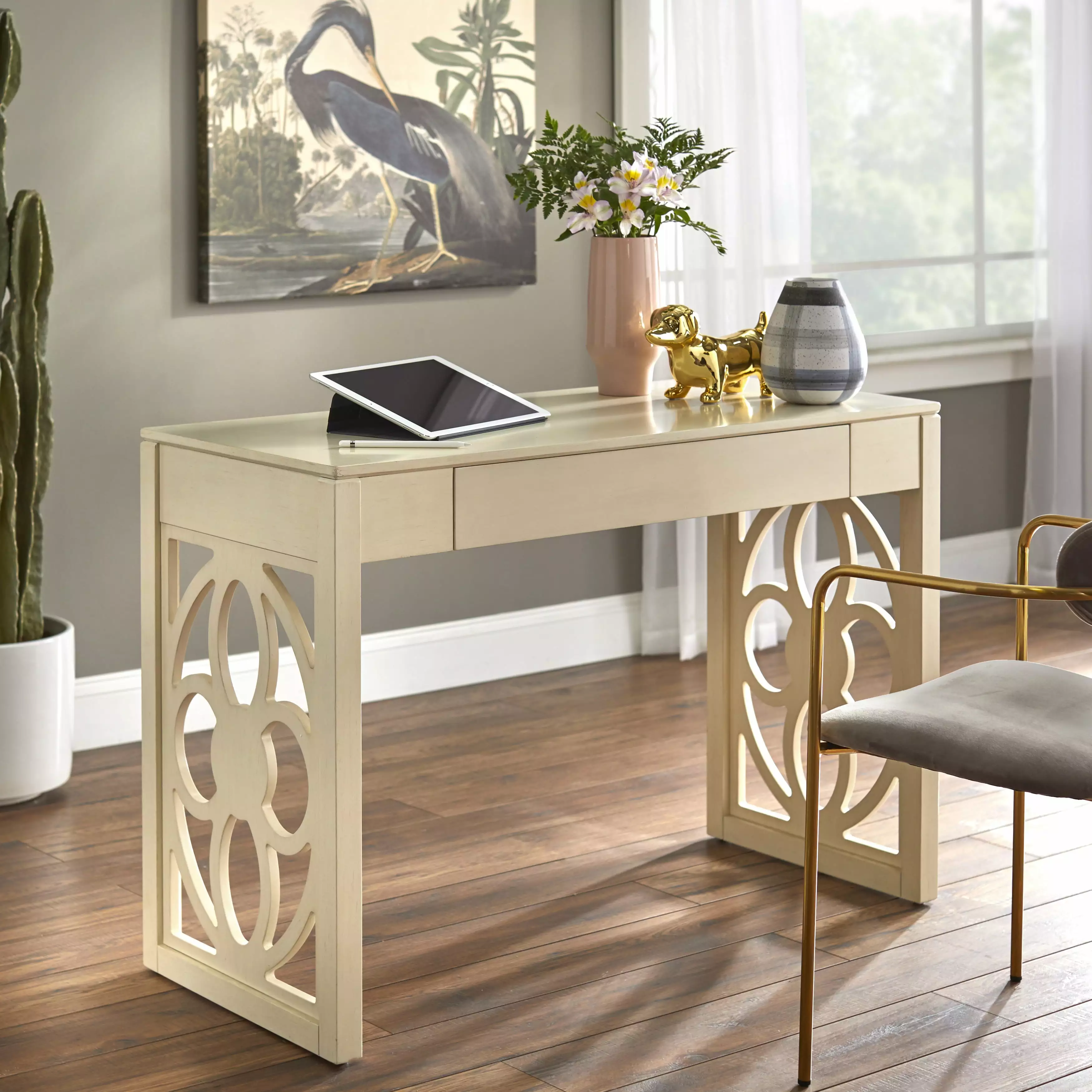 TMS Allegory Adult Glam Rectangle Portable Writing Desk Storage Antique White Home Office