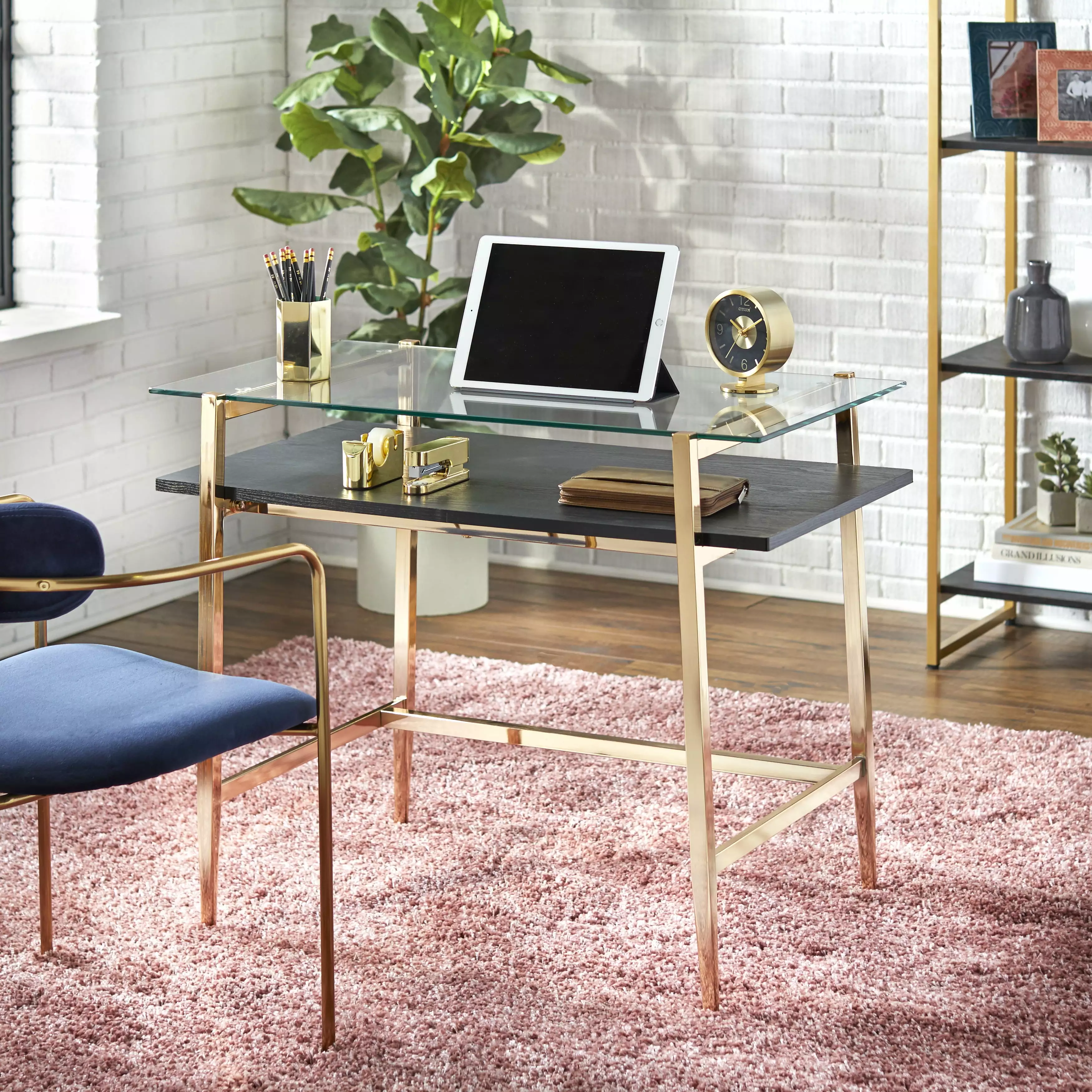 TMS Thayer Writing Desk 2-Tier Glass Top Mid-Century Black and Gold Finish