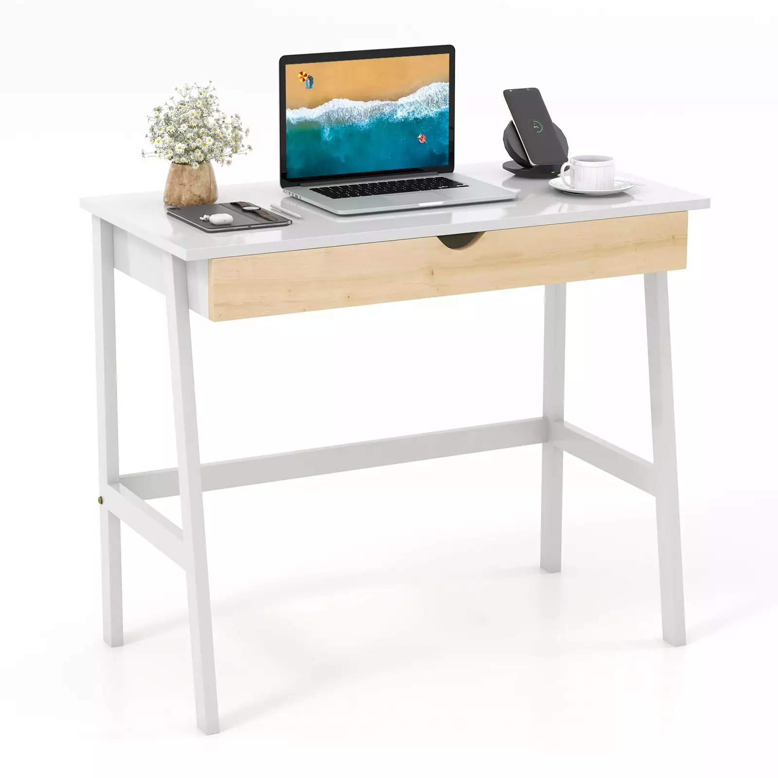 Topbuy White Computer Desk Storage Wood Modern Writing Desk Large Drawer & Rubber Wood Legs Study Desk Small Space