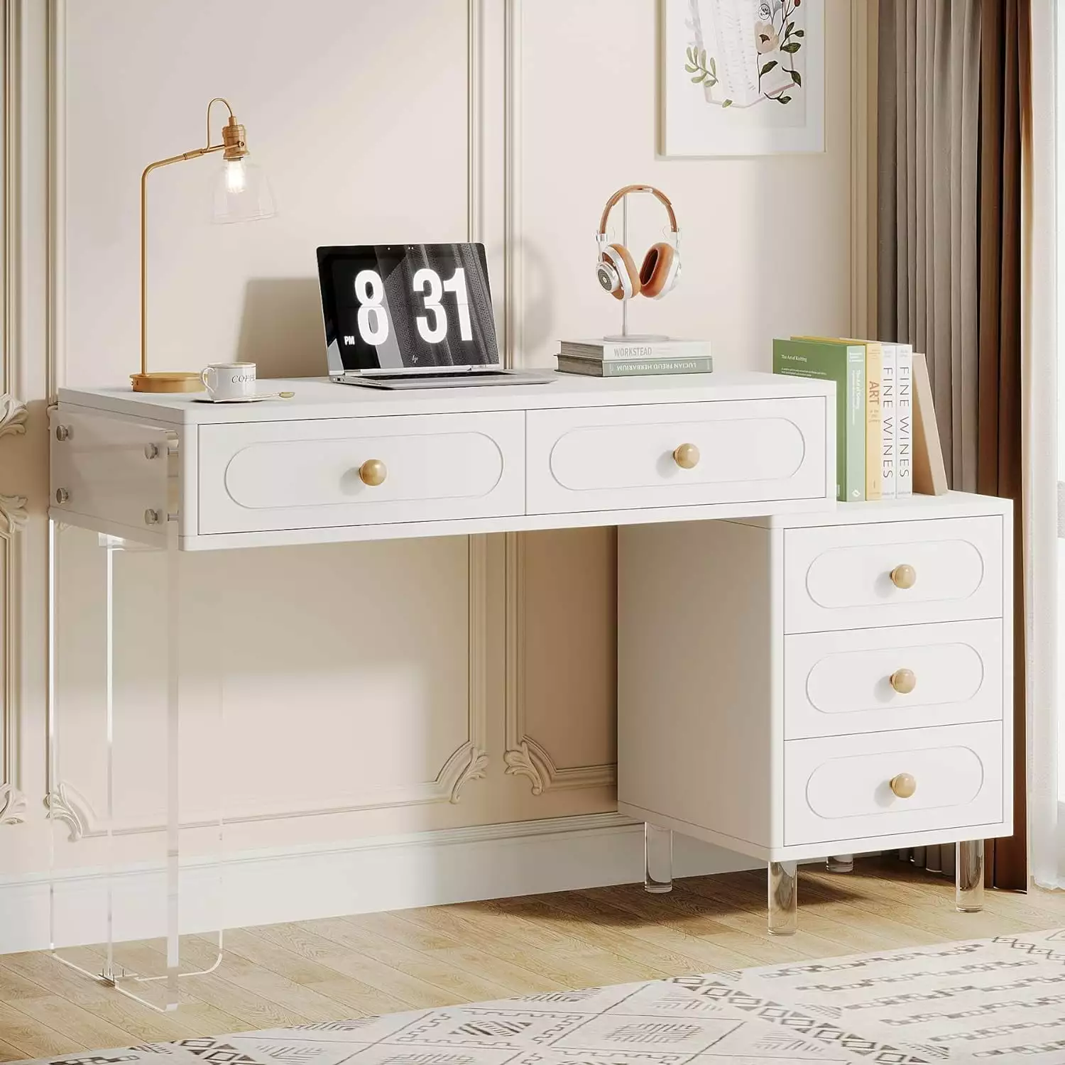 Tribesigns Computer Desk 5 Drawers Modern PC Desk Transparent Acrylic Base and Legs Extendable Study Writing Table