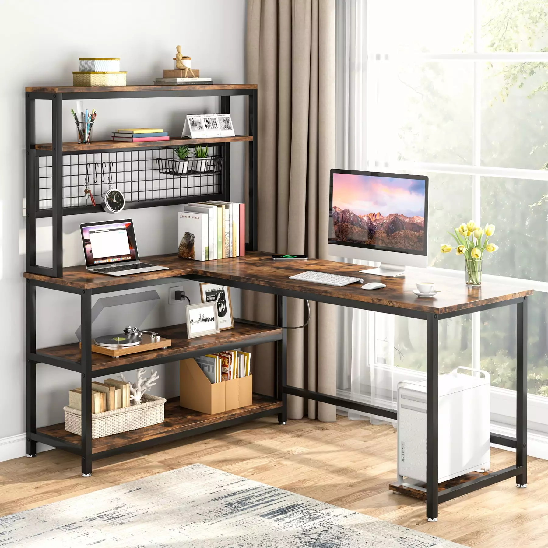 Tribesigns 55 Computer Desk Wireless Charging - Industrial Study Writing Table Hutch & Bookshelf