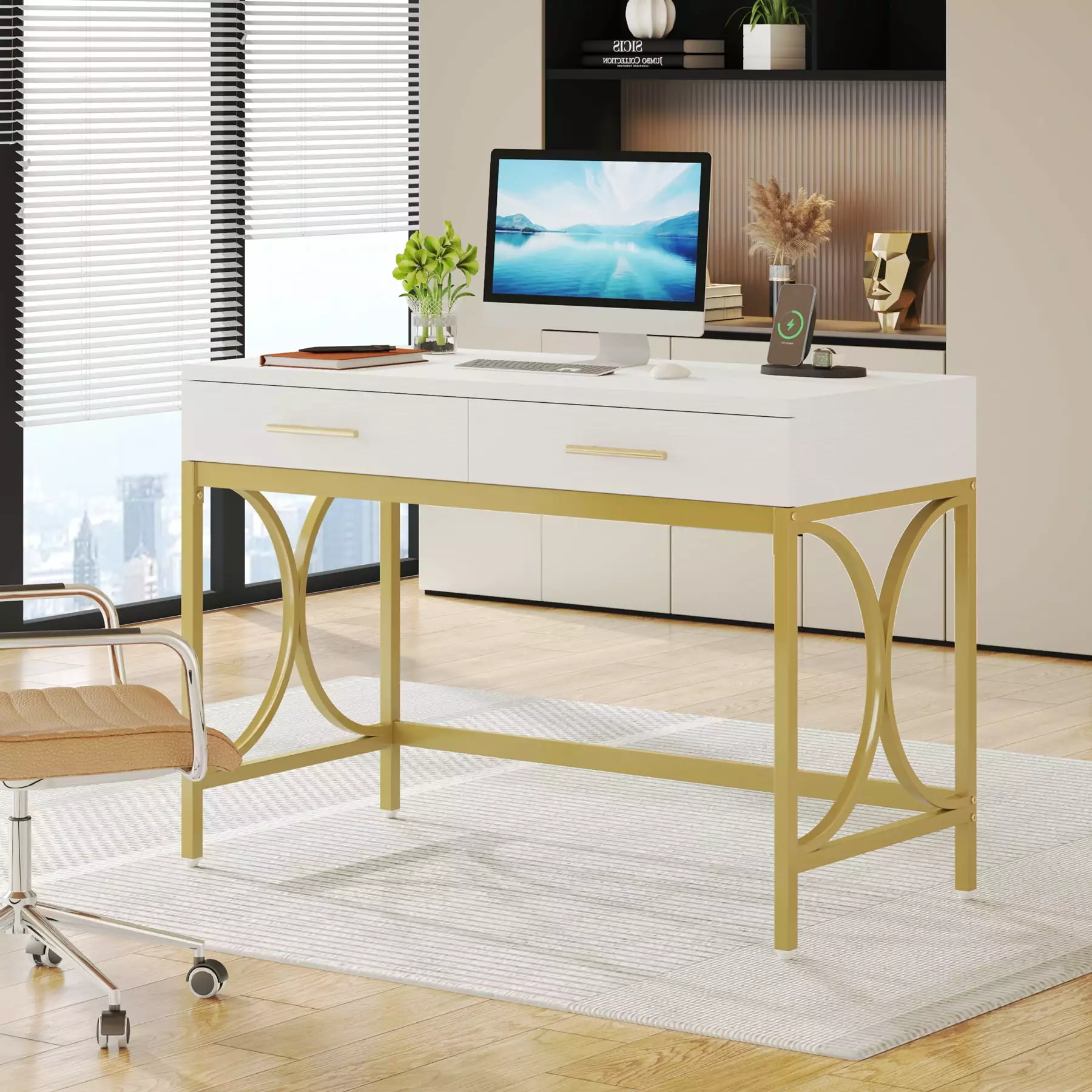 Tribesigns 41 Inch Computer Desk Two Drawers Modern Study Writing Desk Storage Home Office