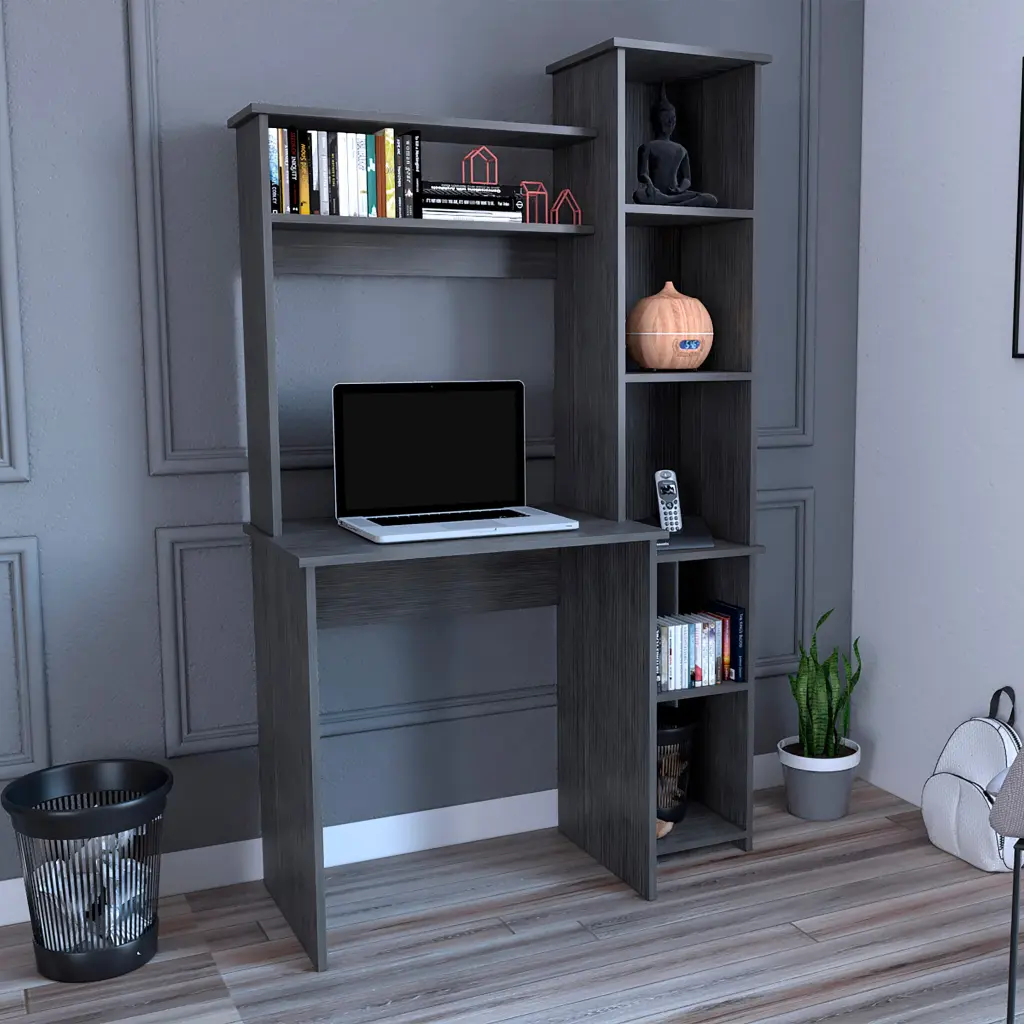 Versailles Writing Desk Two Shelves and Five Cubbies Smokey Oak tuhome