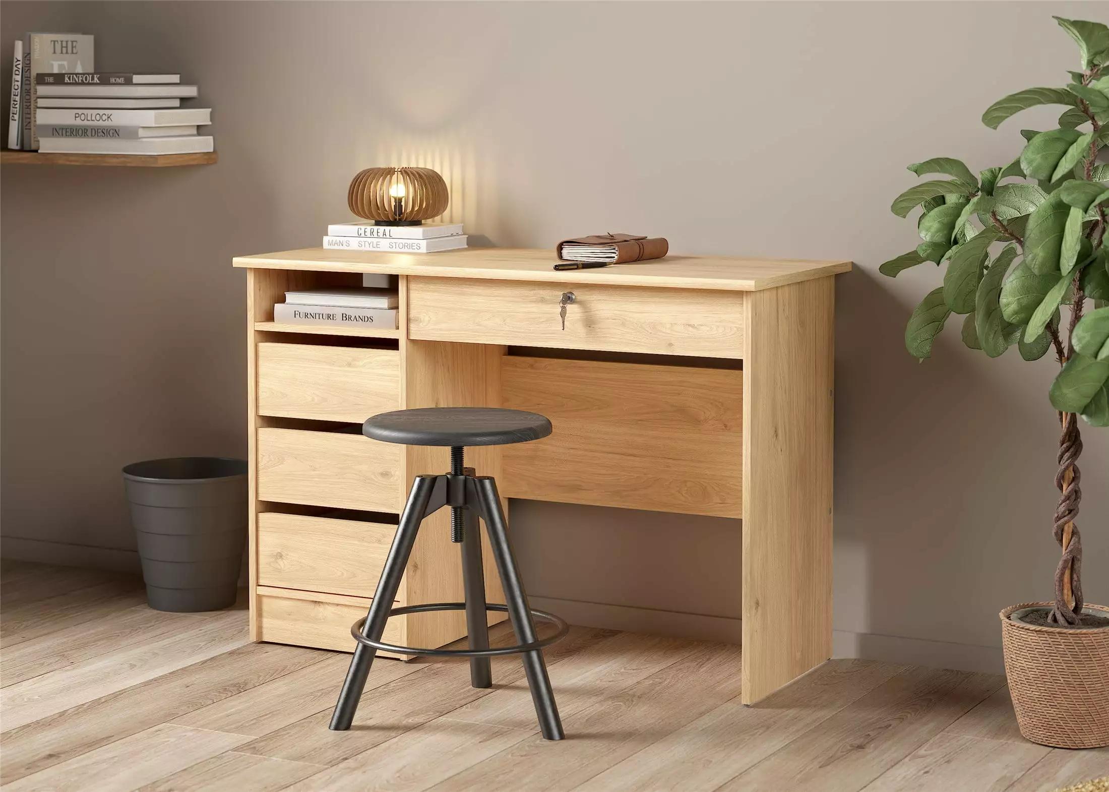 Wescot Collection Home Office Writing Desk 4 Drawers and Open Shelf Jackson Hickory Tvilum