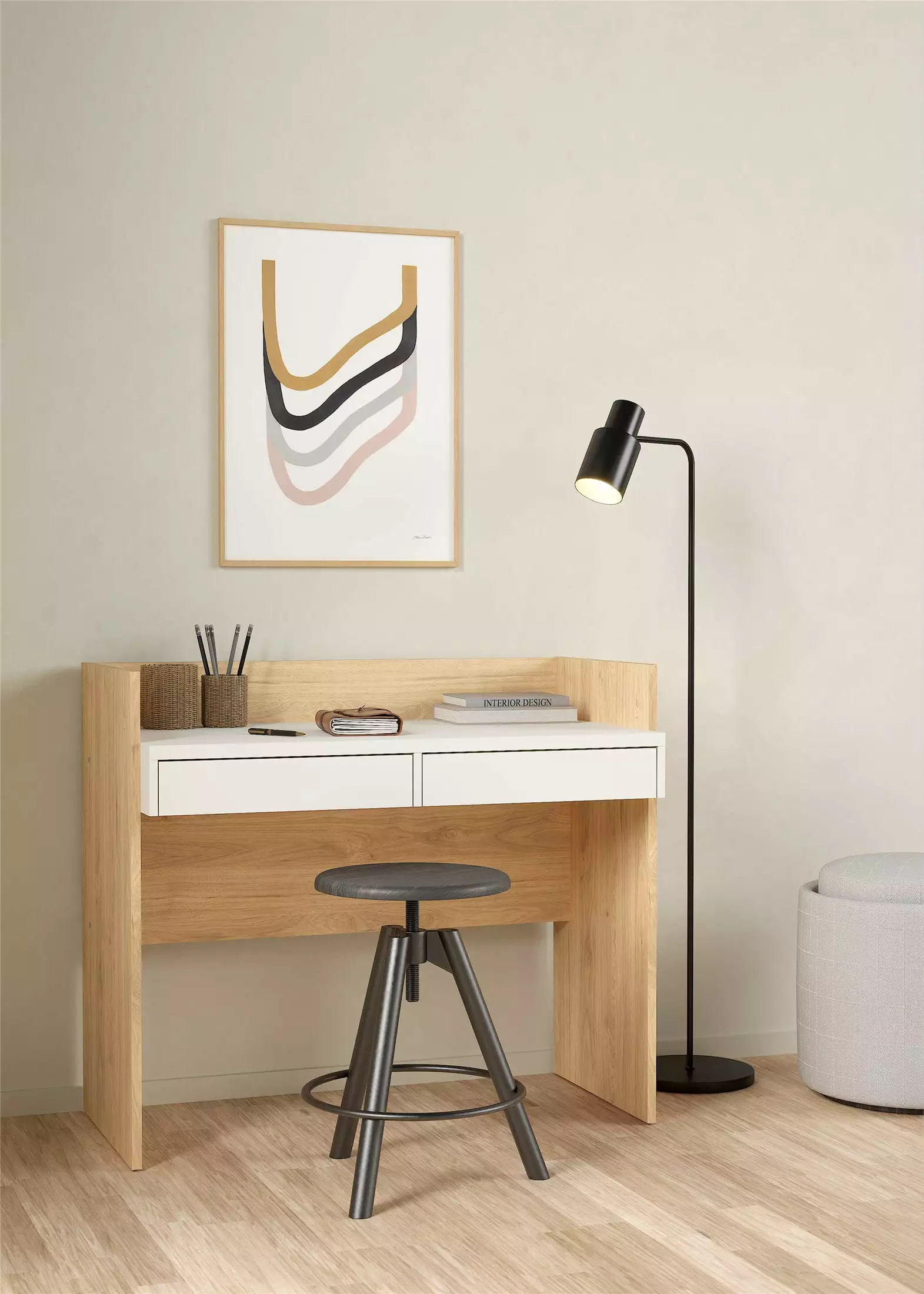 Wren Collection Home Office Writing Desk 2 Storage Drawers Jackson Hickory White Tvilum