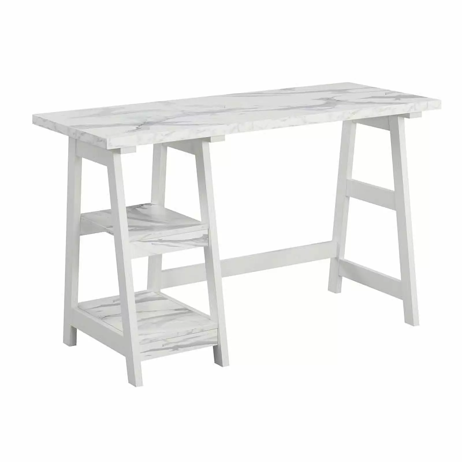 UrbanPro Contemporary Trestle Desk Shelves White Faux Marble Wood Finish