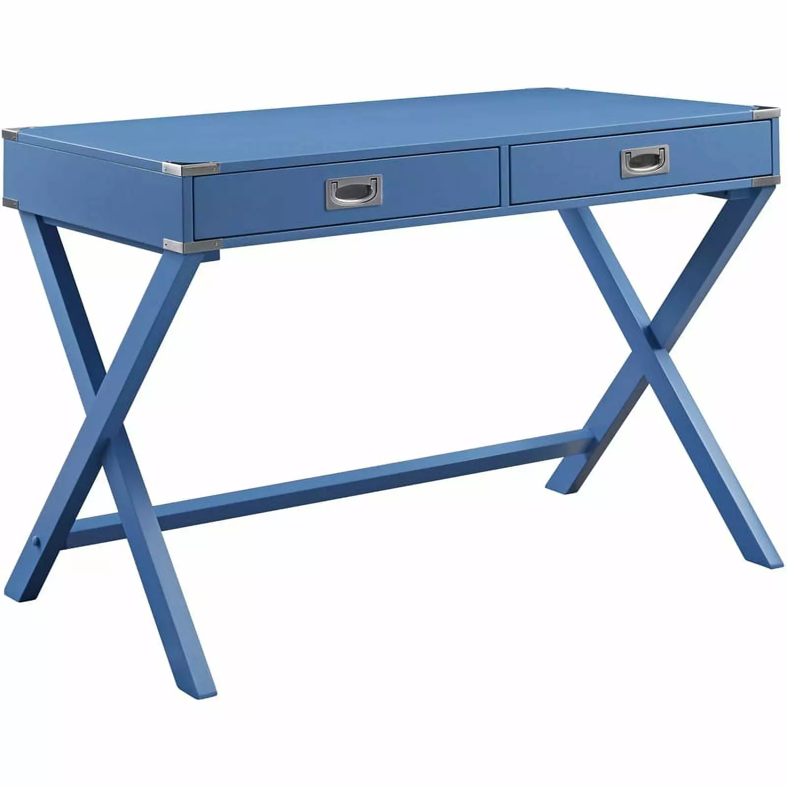 UrbanPro Wooden Rectangular 2-Drawer Writing Desk X-Shaped Base Blue Modern