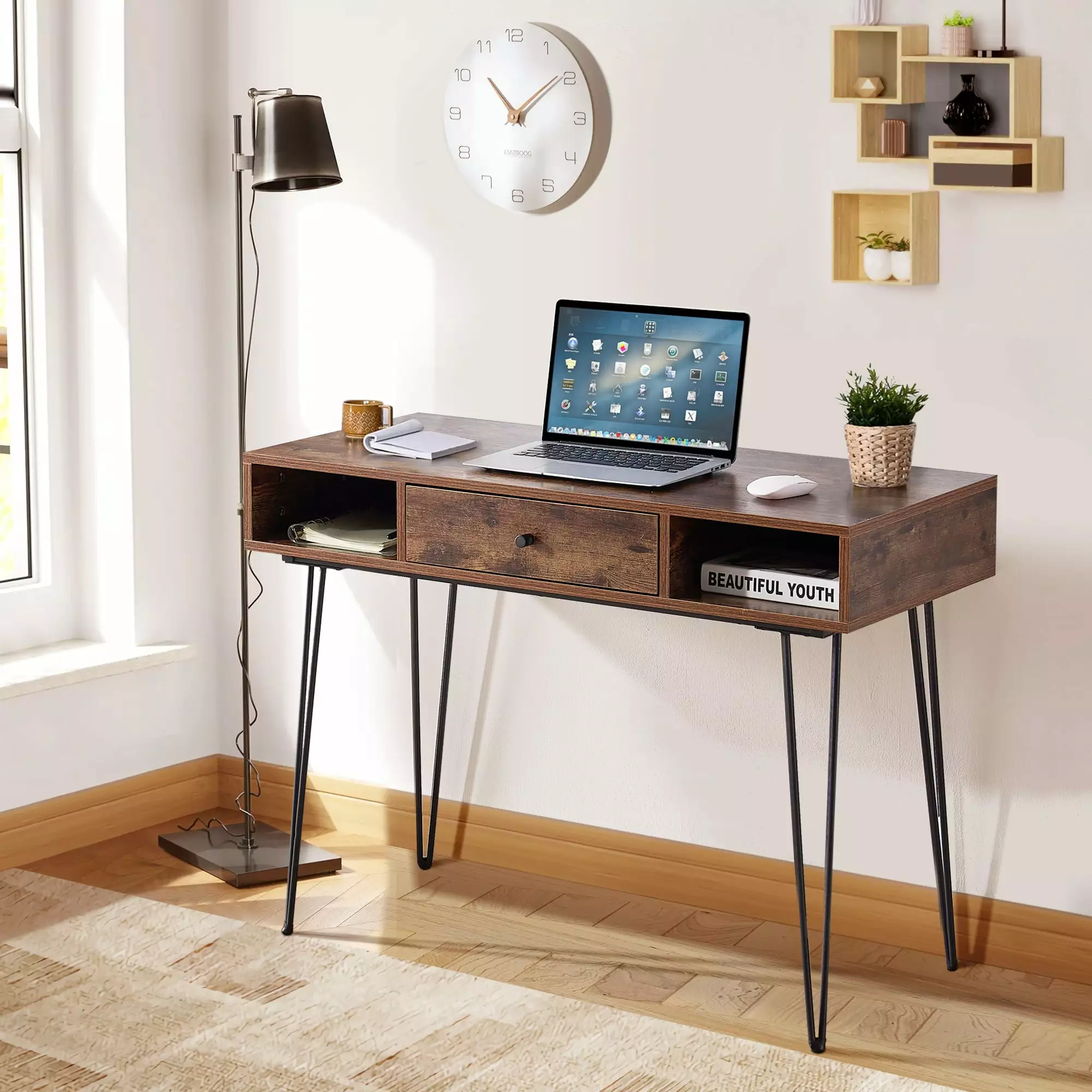 VECELO Writing Computer Desk Laptop Notebook PC Workstation 1-Drawer Study Writing Makeup Table Home Office Brown