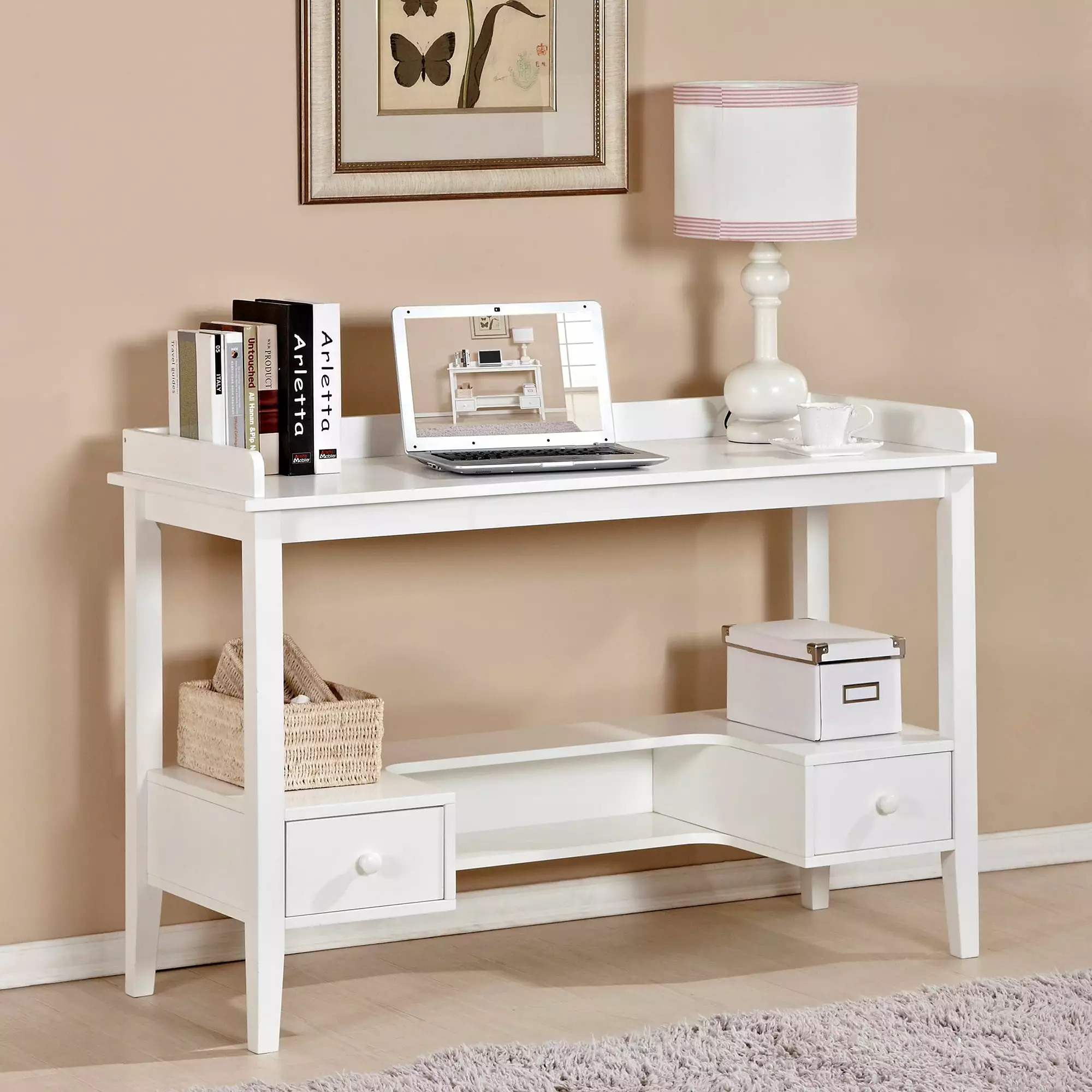 Veryke Modern Slim Profile Writing Desk Extra Storage and Drawers White Office Desk