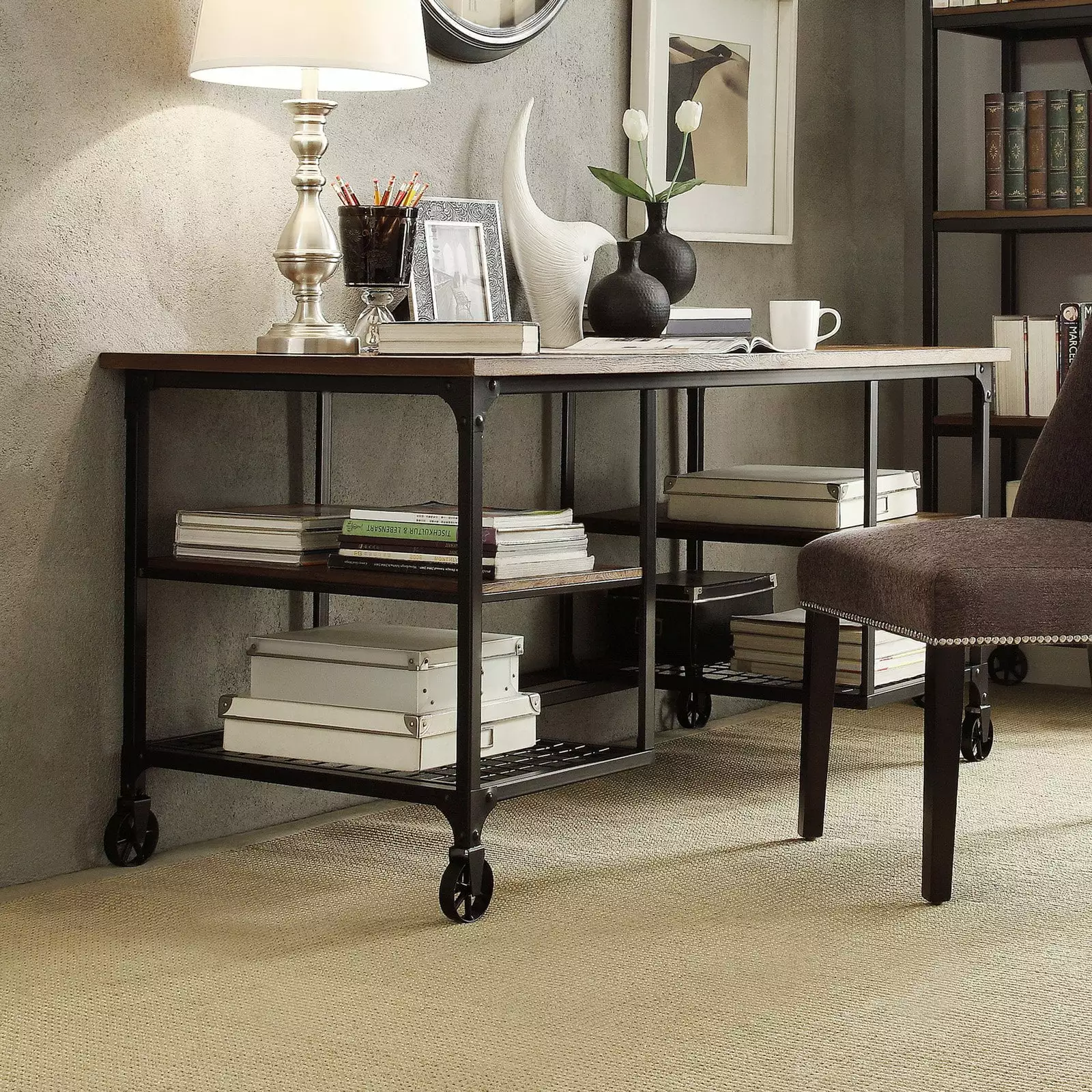 Weston Home Avery Industrial Wood and Metal Writing Desk Weathered Brown Black Finish