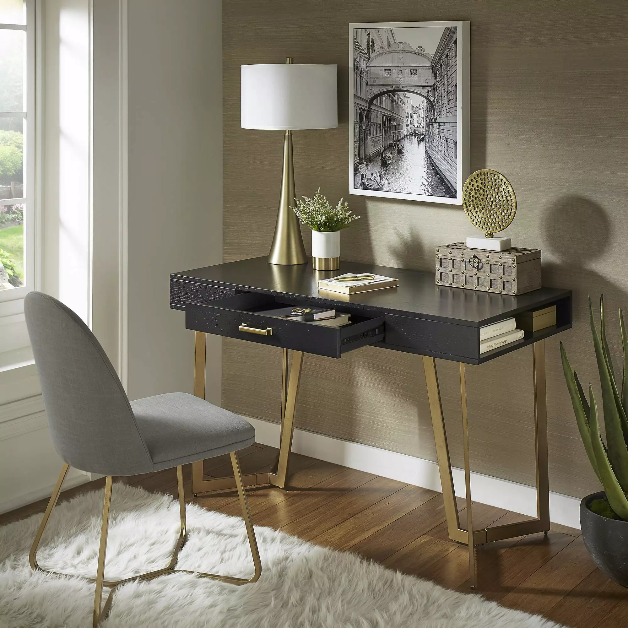 Weston Home Marquis Black Finish Writing Desk Gold Metal Base
