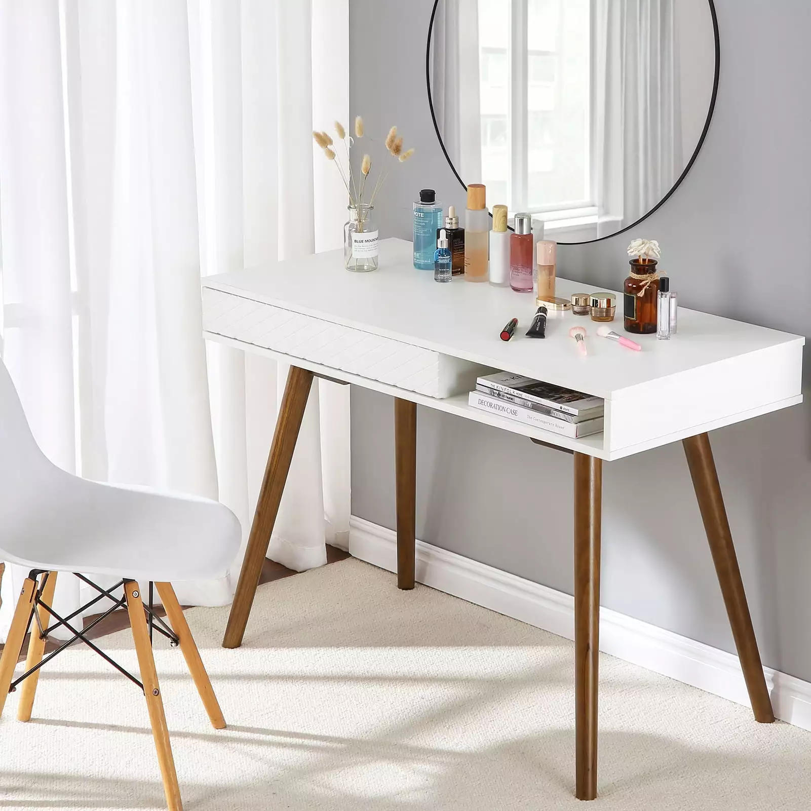 WhizMax Mid Century Modern Computer Writing Desk Drawer and Open Storage Cubby Small Vanity Table Bedroom