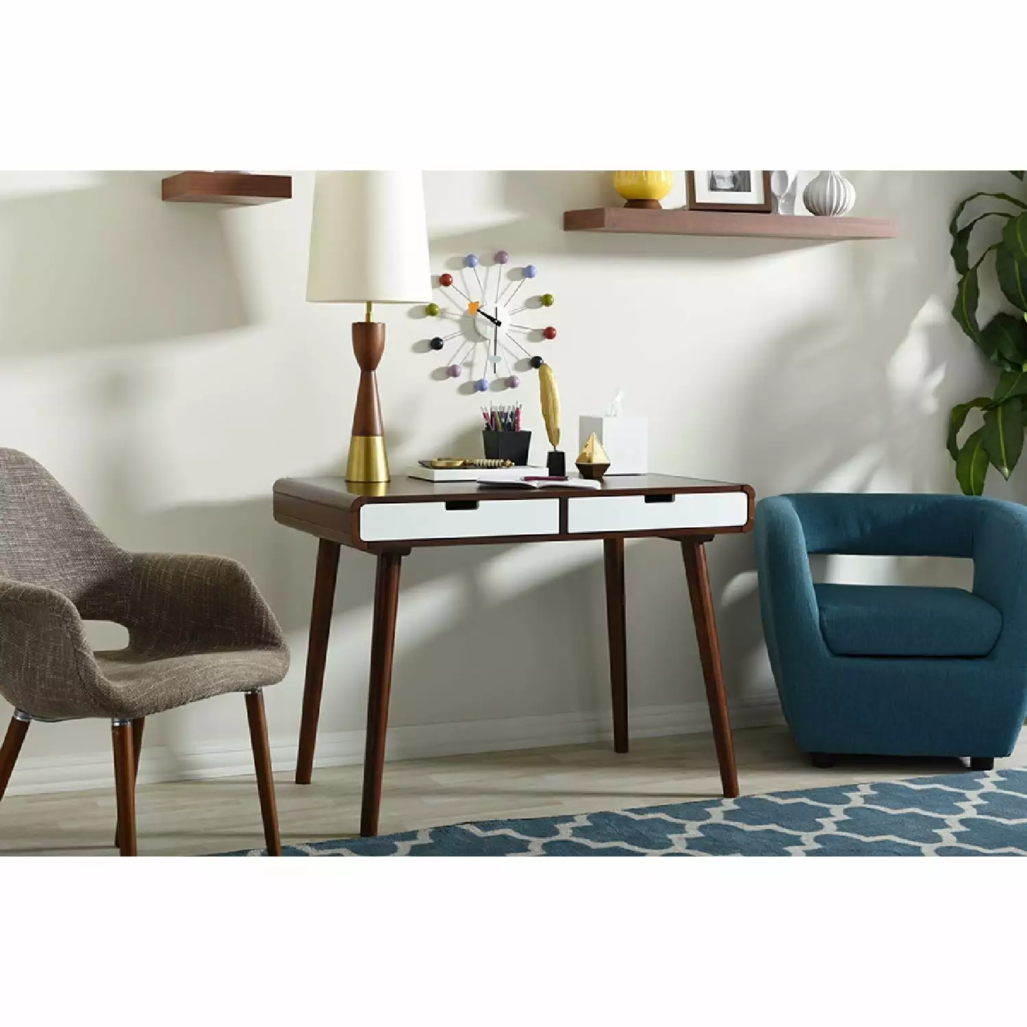 Baxton Studio Casarano Mid-century Modern Dark Walnut and White Two-tone Finish 2-drawer Wood Home Office Writing Desk Who...