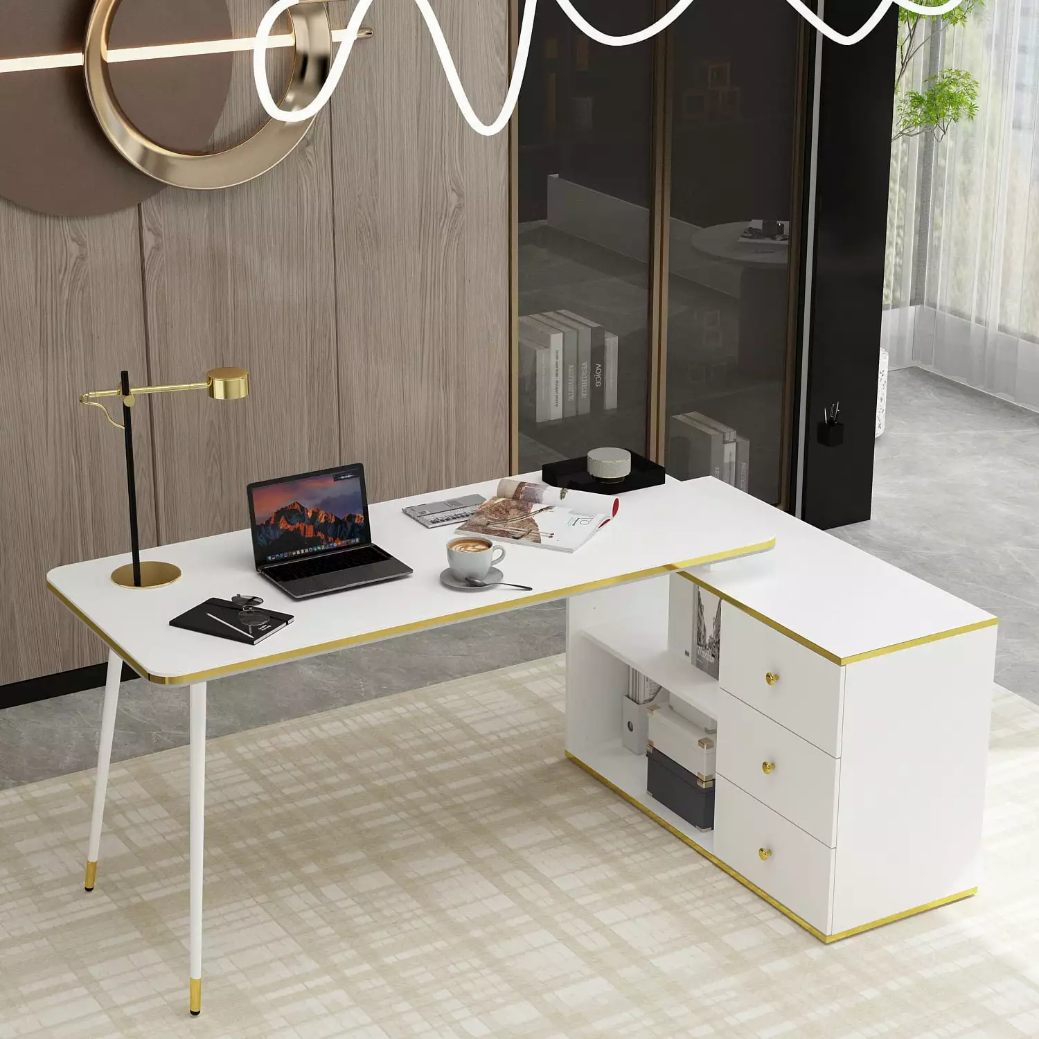WIAWG Office Desk Drawers and Open Shelves Reversible Writing Desk Workstation Three Type Desk