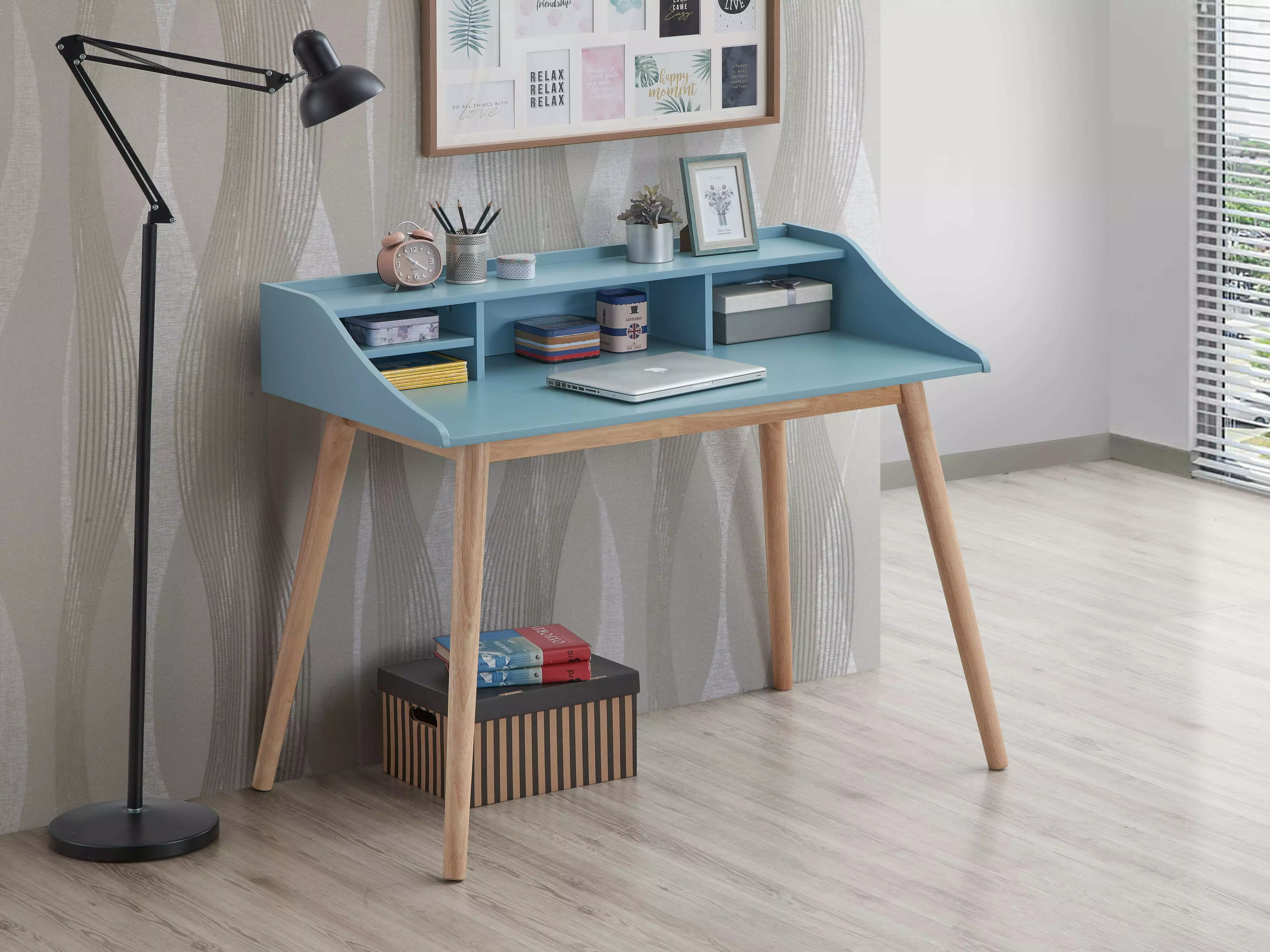 Mid-Century Modern Rubber Wood Writing Desk Hutch Blue Malaysian Finish wildskeeper