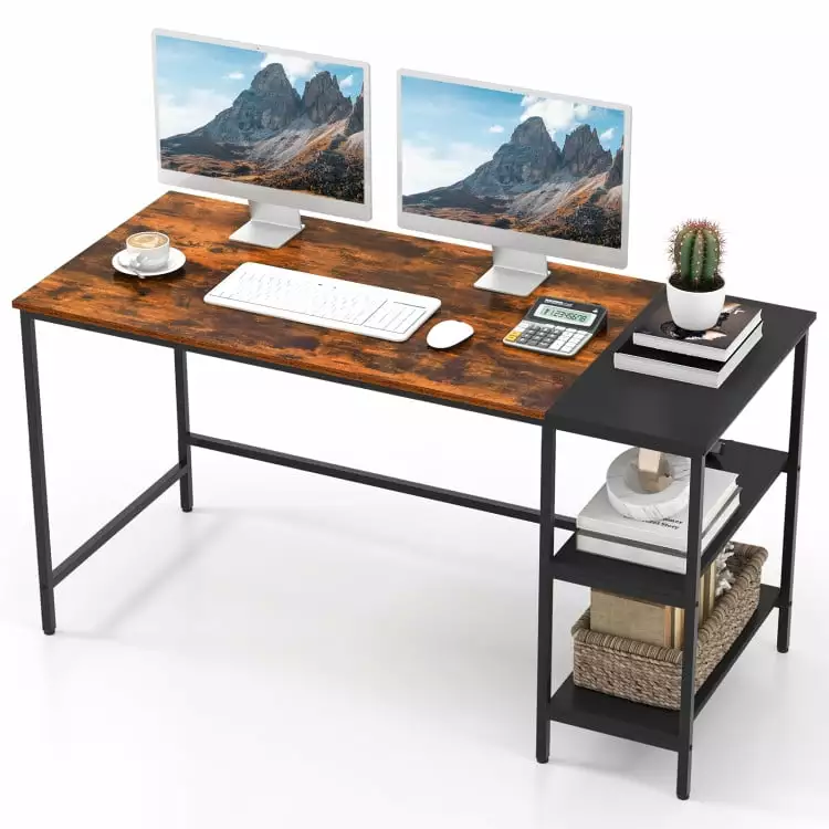 Yardi Yard 55 Inch Modern Industrial Study Writing Desk 2 Storage Shelves Brown Computer Workstation