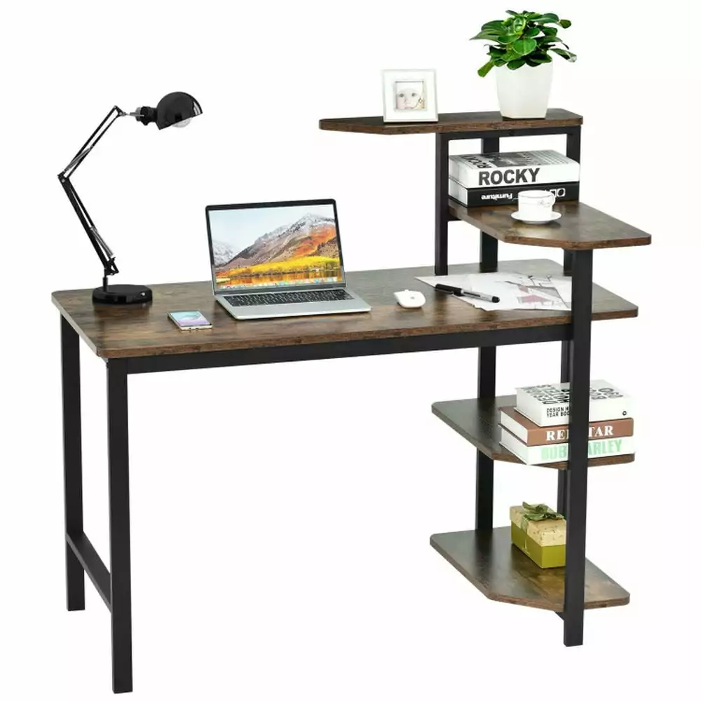 YYAo Rustic Brown Writing Desk Storage Shelves Home Office Computer Study Table