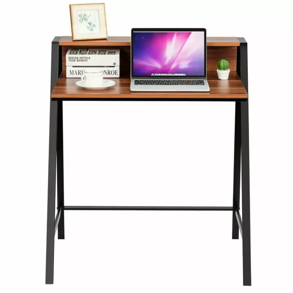 YYAo Writing Desk Home Computer Desk 2 Tier PC Laptop Table Study Writing Home Office Workstation Walnut