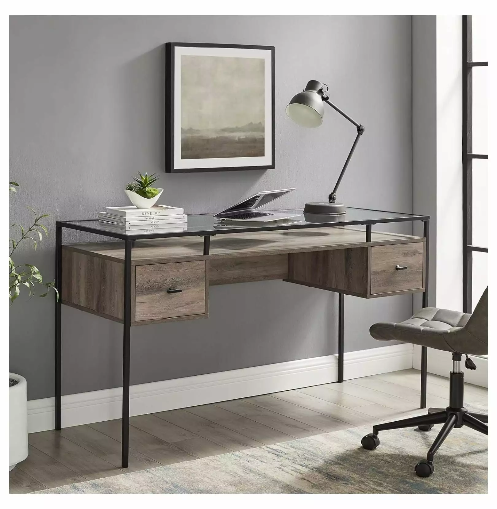 ZHOUJIA Writing Desk 56 Glass Top 2 Drawer Computer Desk Grey Wash Modern Office Desk