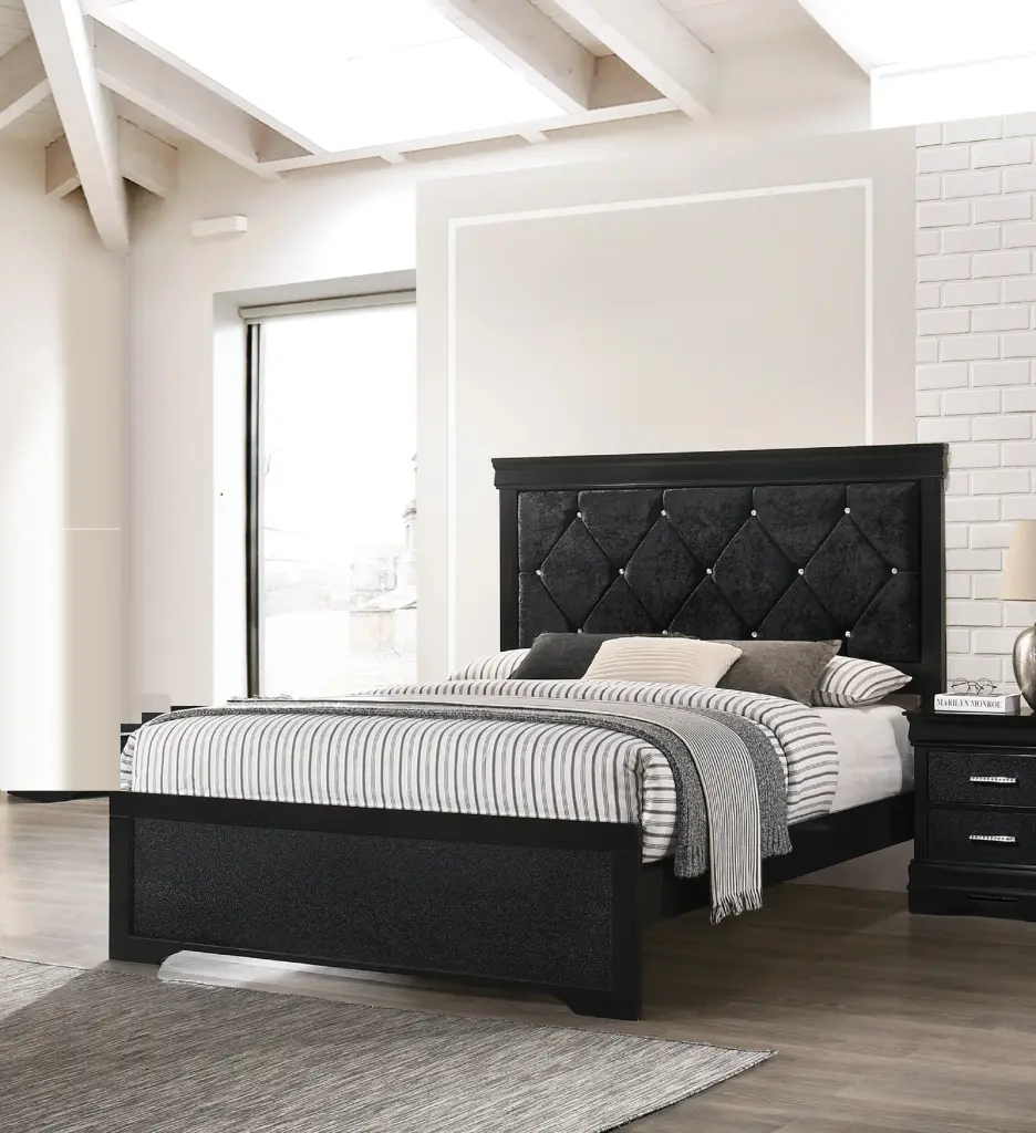 Modern 1Pc Black Finish Twin Size Panel Youth Bed Wooden Fabric Upholstered Bed Frame kanepe